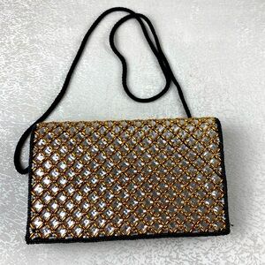 Cocktail Purse Black Gold Beads Crossbody Vintage Snap Carla Marchi